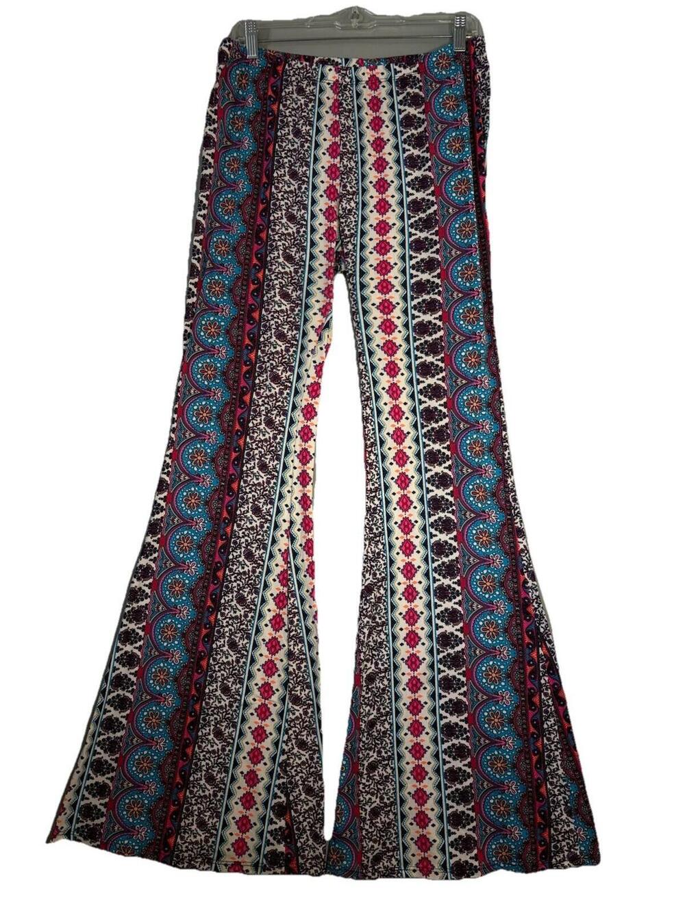 Womens M Boho Bell Bottom Flare Pants 31x33 Cotton Blend Patchwork Print Hippie